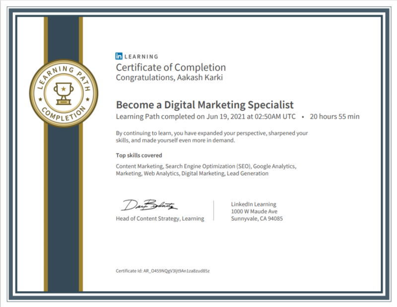 Chứng chỉ Digital Marketing LinkedIn của khóa học Become a Digital Marketing Specialist 