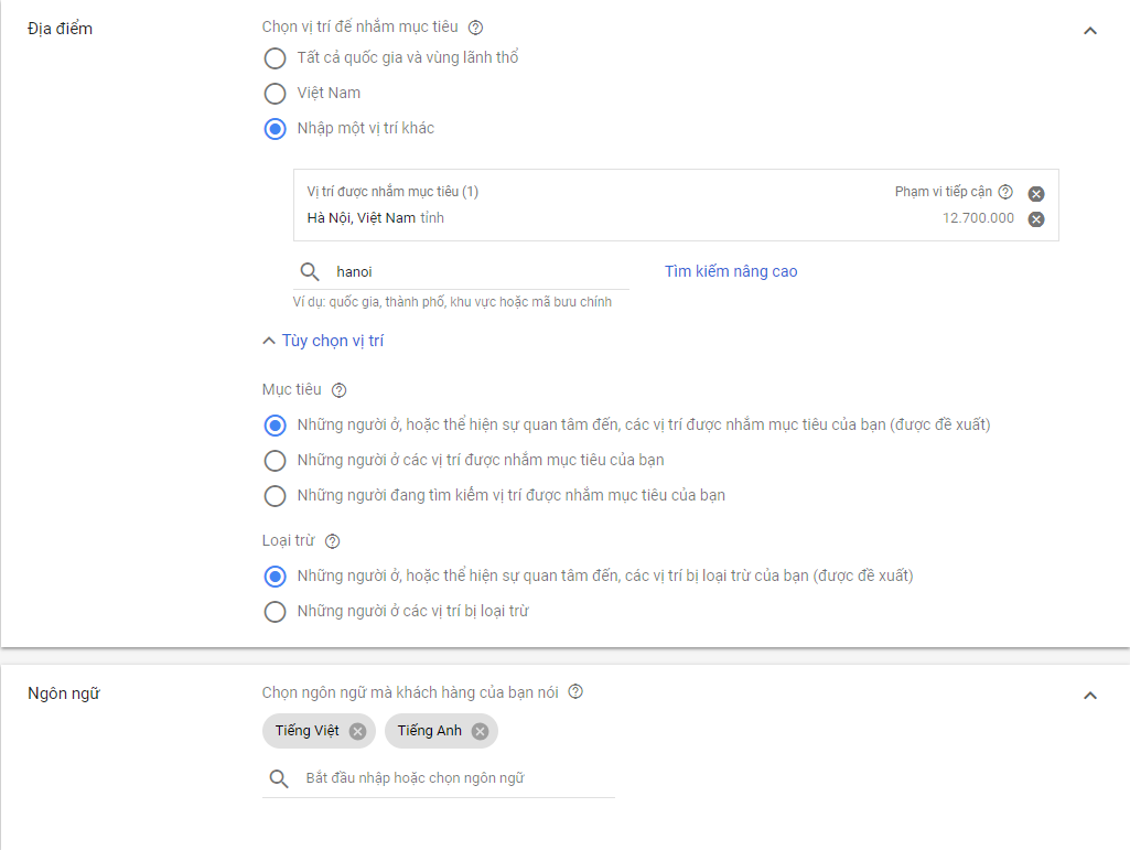 nhắm mục tiêu theo địa điểm trong Google Ads