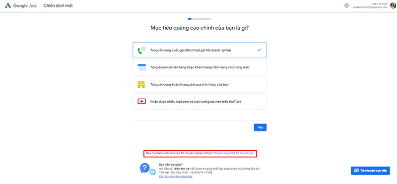 Google chuyển đến giao diện hướng dẫn tạo một chiến dịch thông minh