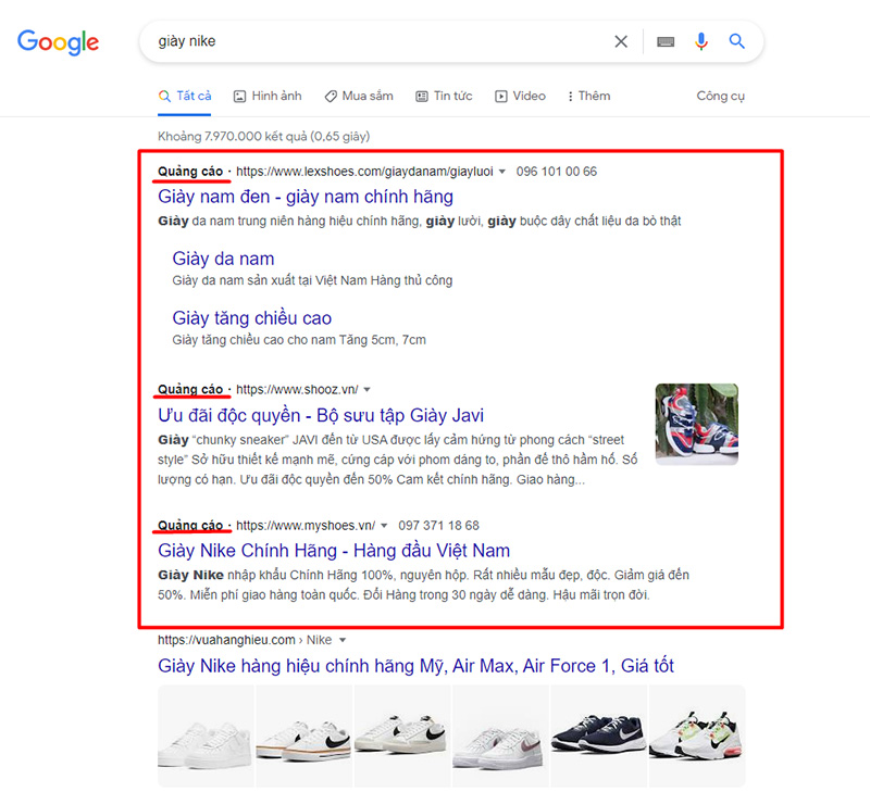 quảng cáo Google được hiển thị trên kết quả tìm kiếm của Google Search