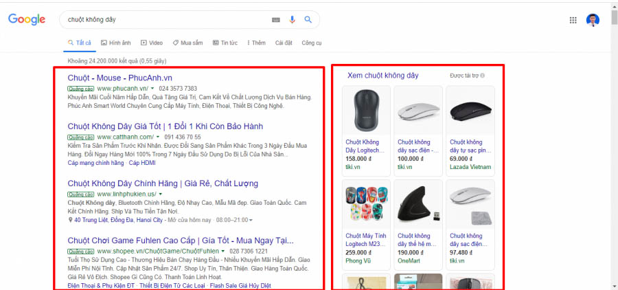 Quảng cáo Google shopping hiển thị phần bên phải của SERPs