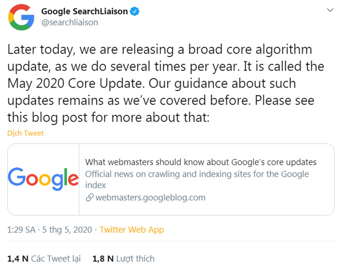 Google update tháng 5/2020