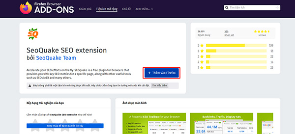 Nhấn nút thêm vào Firefox để thêm addon SEOquake cho Firefox