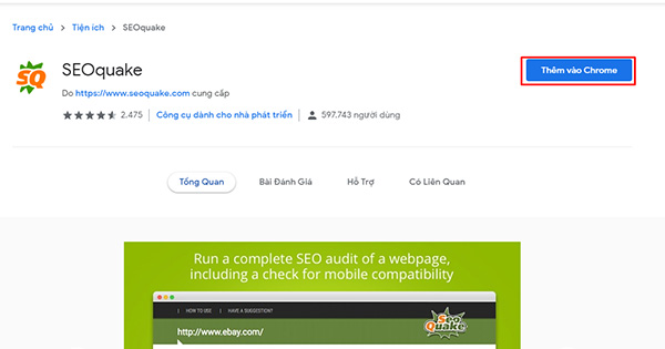 Chọn thêm vào chrome để thêm plugin SEOquake cho Cốc cốc