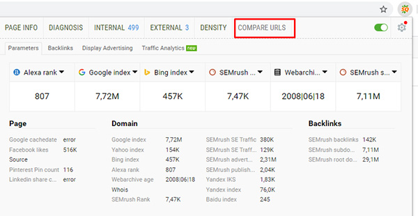 Chọn Compare URLs để so sánh URL