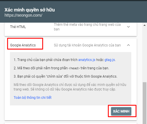 Xác minh quyền sở hữu qua Google Analytics