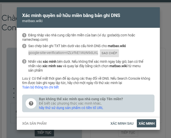 Cài đặt Google Search Console bằng DNS