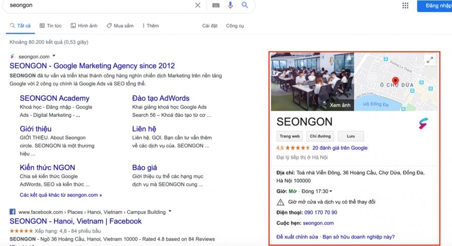 Thông tin doanh nghiệp hiển thị khi người dùng tìm kiếm trên Google Search