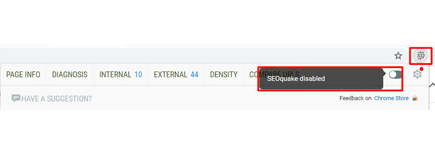 Tắt SEOquake bằng cách nhấn vào disabled nút gạt ngang