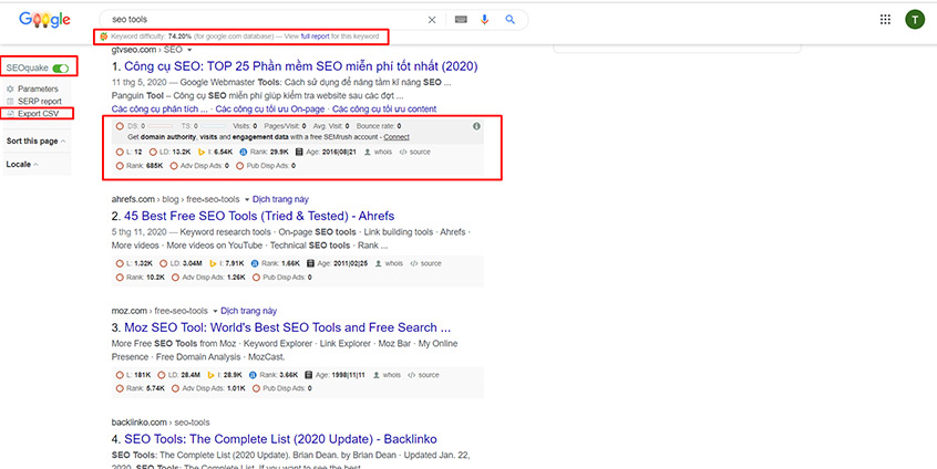 Chỉ số SERP (Search Engine Results Page) của các trang trong kết quả tìm kiếm Google khi bật SEOquake