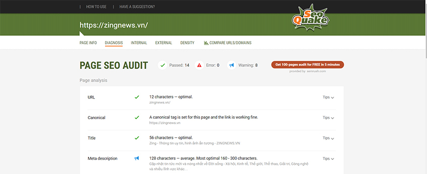Cửa sổ tính năng Diagnosis - Page Seo Audit