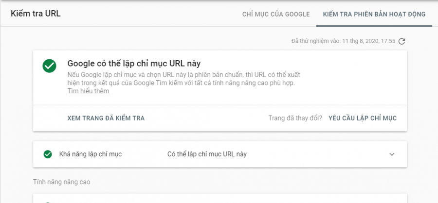 url đã được google index