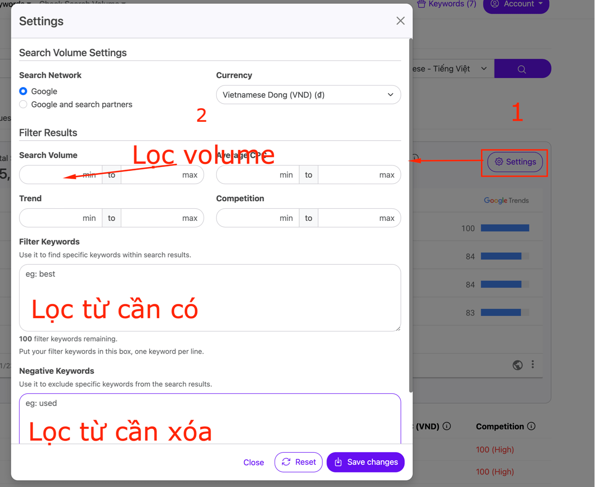 Tính năng lọc từ khóa trên công cụ