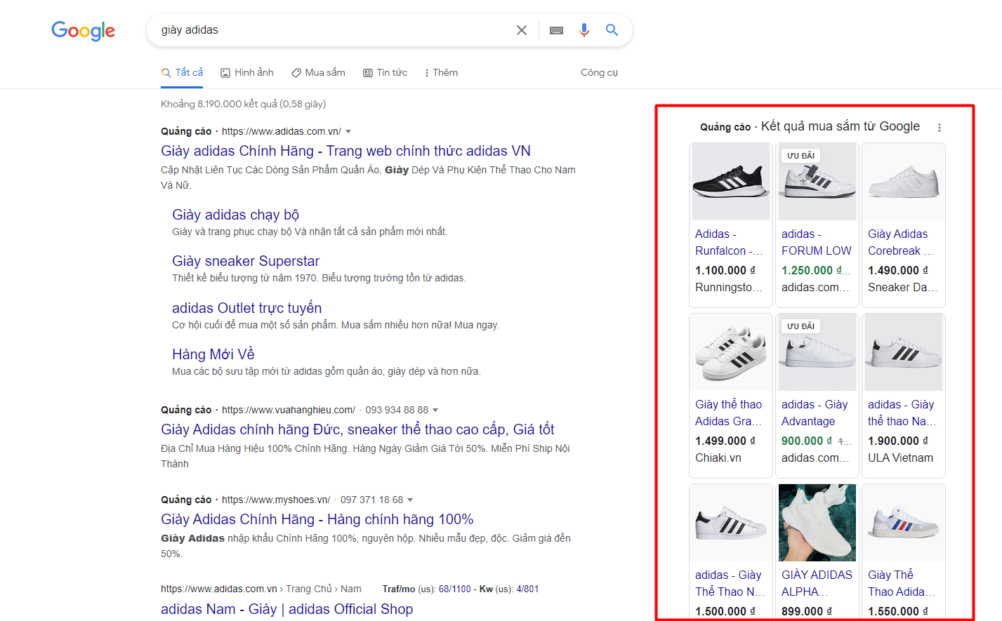 Quảng cáo mua sắm hiển thị ở Google tìm kiếm