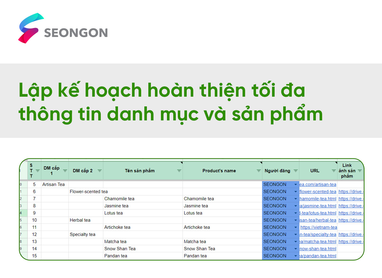 SEONGON đã Hoàn thiện tối đa thông tin danh mục và sản phẩm