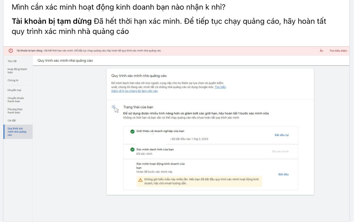 Hình ảnh về một tài khoản Google Ads bị tạm ngưng do chưa xác minh 