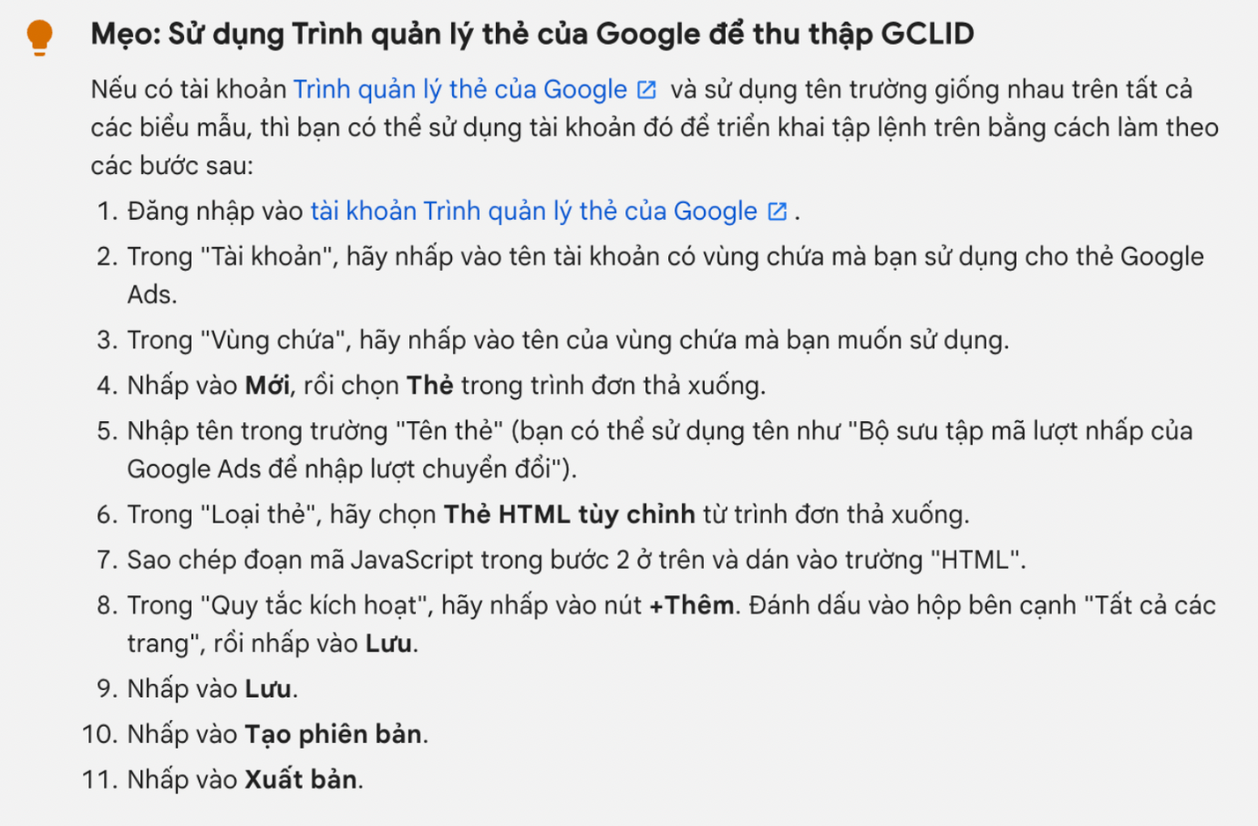 Mẹo thu thập GCLID thông qua Trình quản lý thẻ