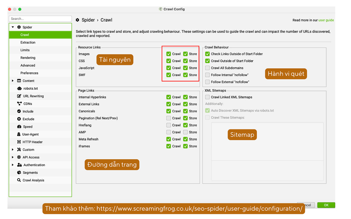 Tuỳ chỉnh hành vi cào của Screaming Frog: Spider > Crawl