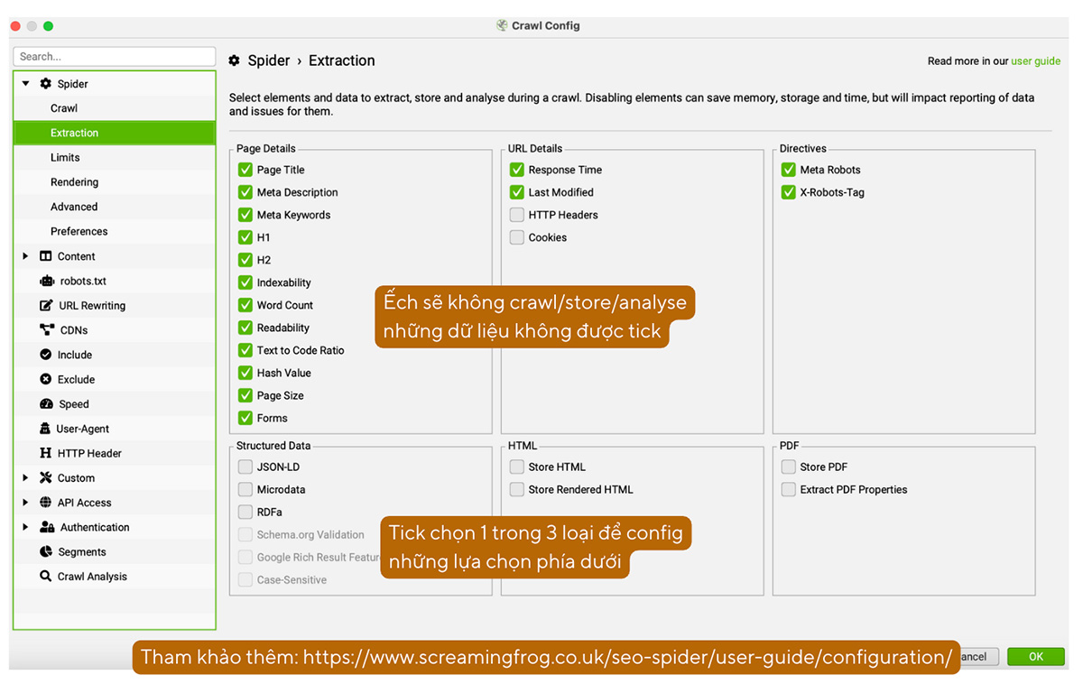 Tùy chỉnh dữ liệu Screaming Frog cào: Spider > Extraction 