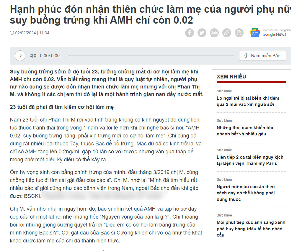 Ví dụ về bài báo nói về thành công của bác sĩ trong việc hỗ trợ thụ thai cho bệnh nhân bị suy buồng trứng