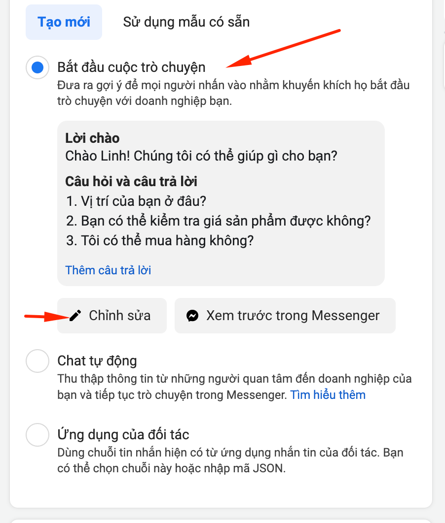 Tạo mẫu tin nhắn quảng cáo trên Facebook