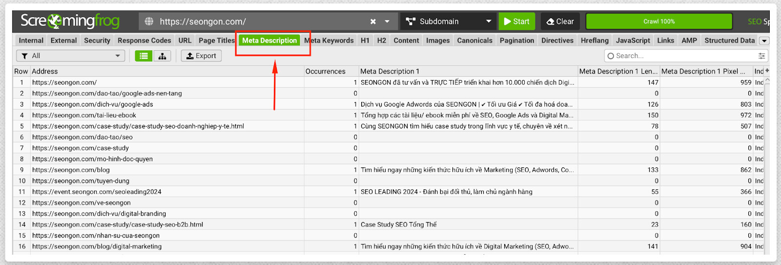 Kiểm tra thẻ meta description bằng Screaming Frog (1)