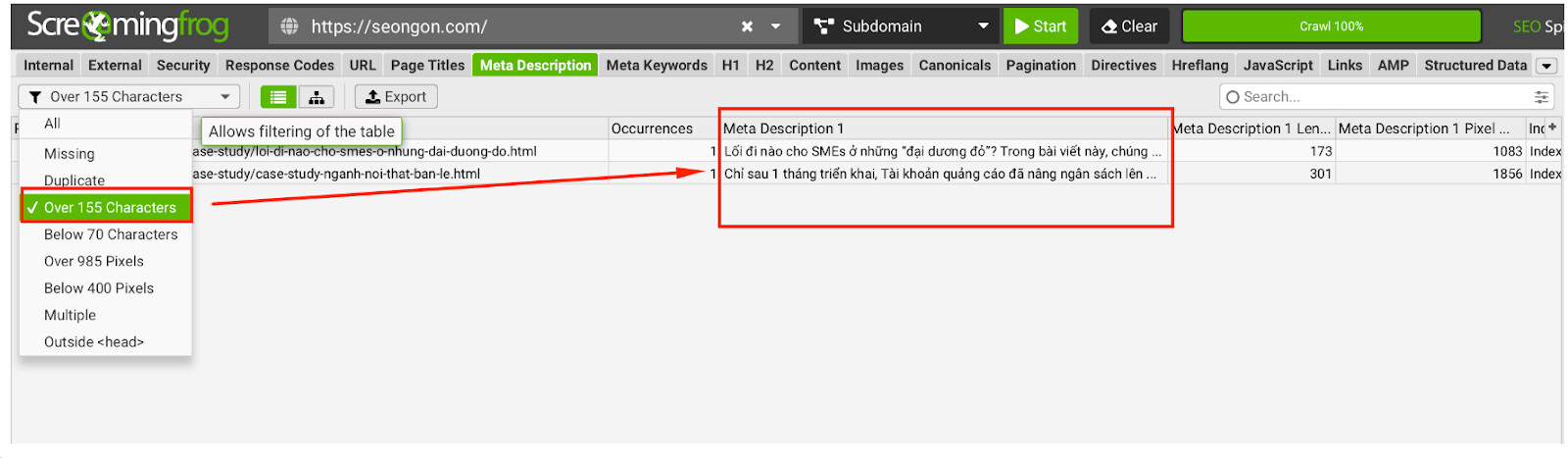 Kiểm tra thẻ meta description bằng Screaming Frog (2)