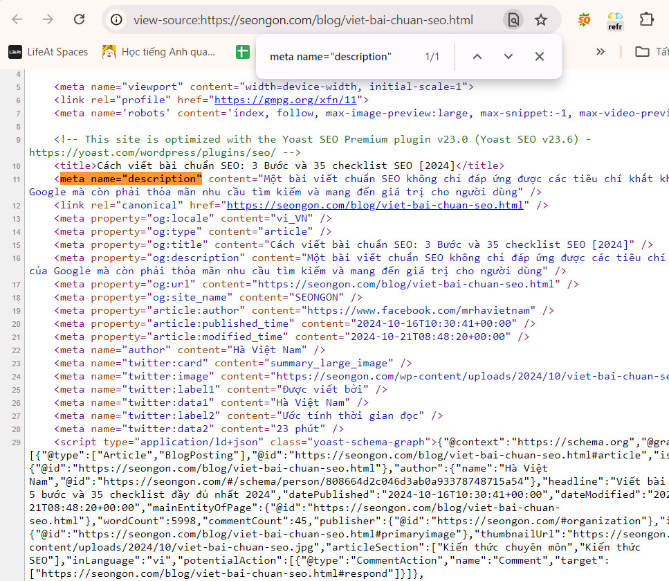 Tìm thẻ mô tả meta trong nguồn trang bằng cách sử dụng Ctr + F