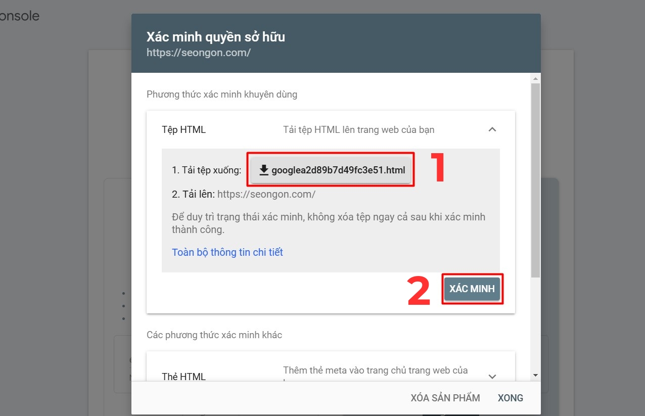 Xác minh Google Console bằng tải tệp html lên website