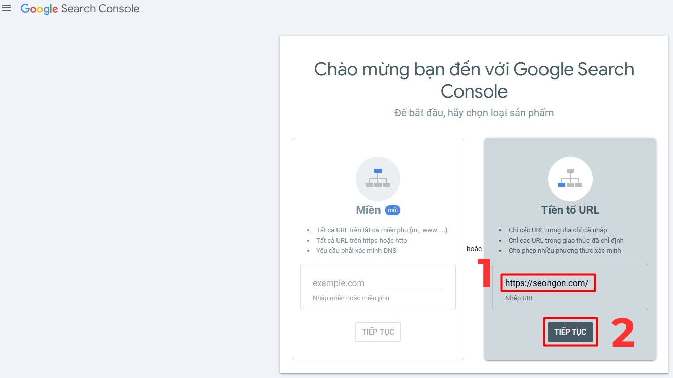 xác minh Google Search Console bằng cách sử dụng tiền tố URL