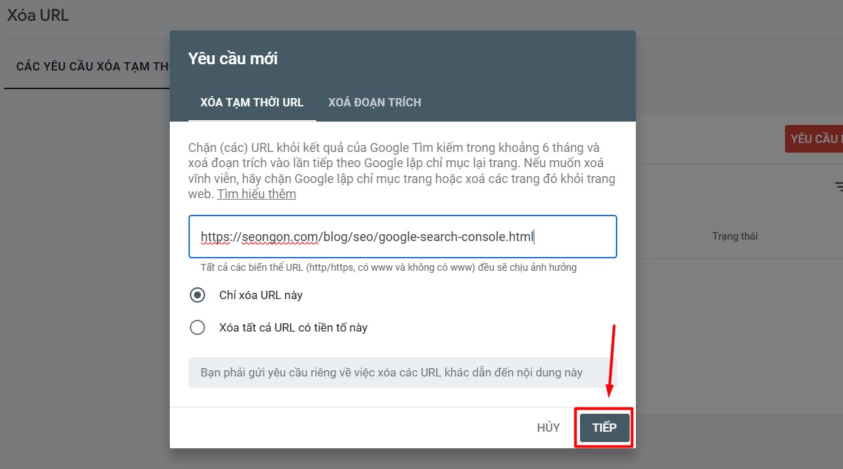 Xóa URL trên Google Search Console