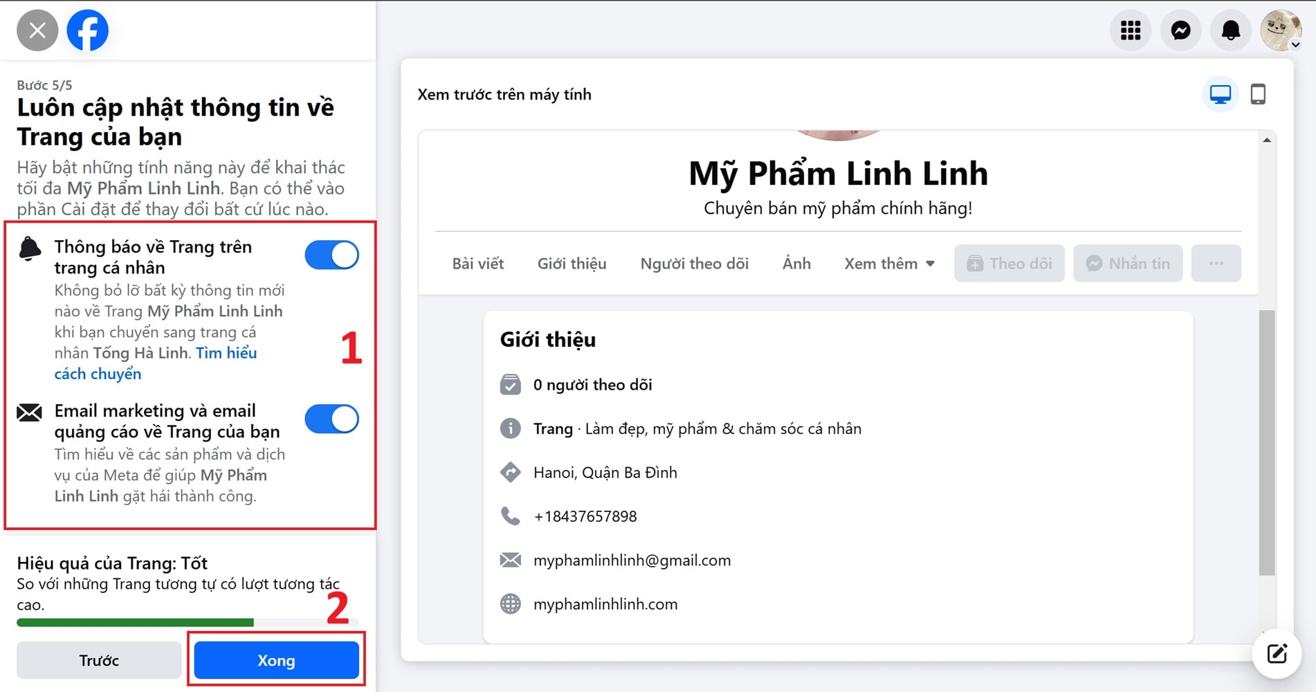 Chọn cách cập nhật thông tin về trang