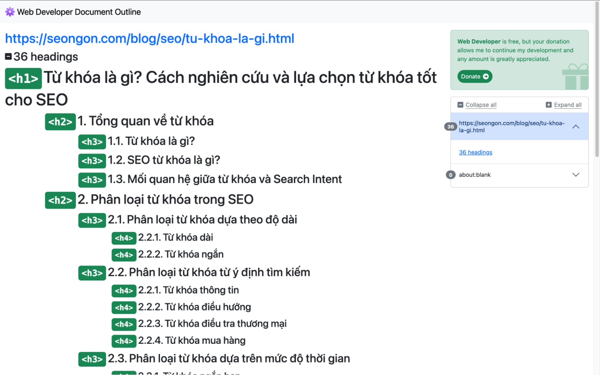 Kết quả các thẻ H1, H2, H3, H4, H5, H6 khi dùng Web Developer tìm kiếm