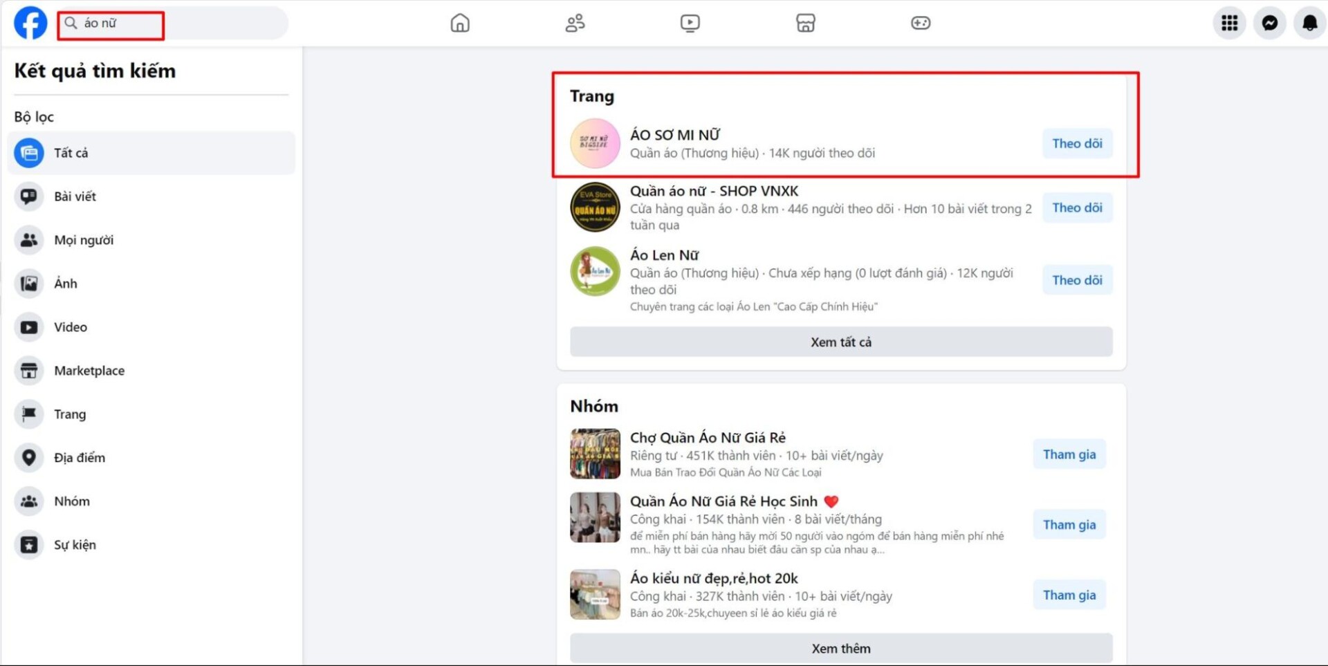 Người dùng search từ khóa “áo nữ” và Facebook trả về các kết quả liên quan