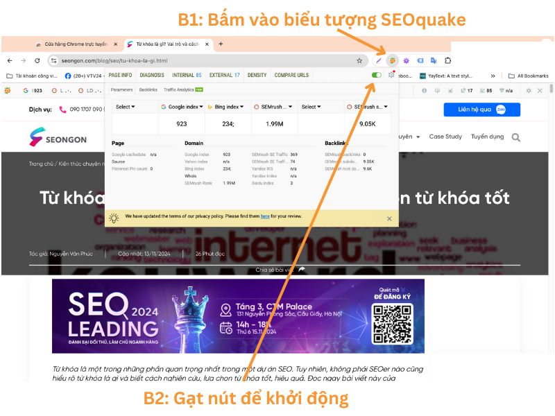 Cách khởi động SEOquake trên Google Chrome