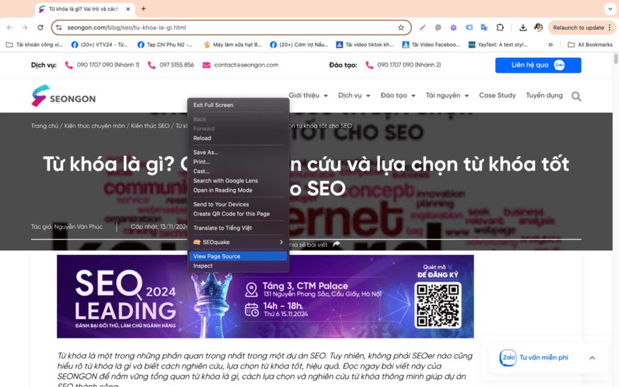 Chọn View Page Source để tìm Tag H1 trong mã nguồn trang