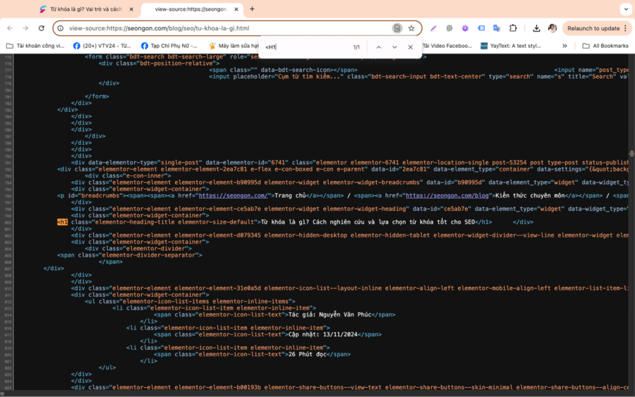 Tìm kiếm “<H1” hoặc “</h1” hoặc “</h1>” để hiển thị thẻ trong mã nguồn trang