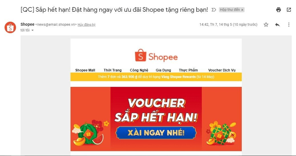 Shopee gửi email nhắc nhở khách hàng về chương trình ưu đãi 