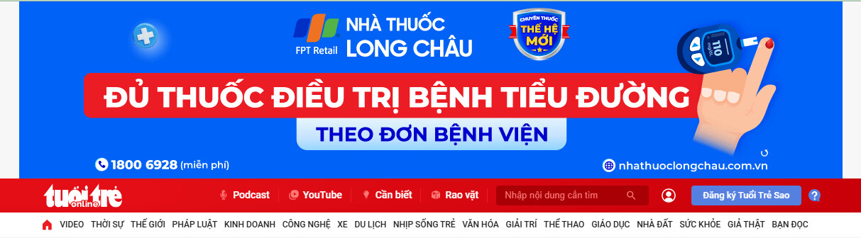 Banner quảng cáo của Long Châu trên báo Tuổi trẻ online