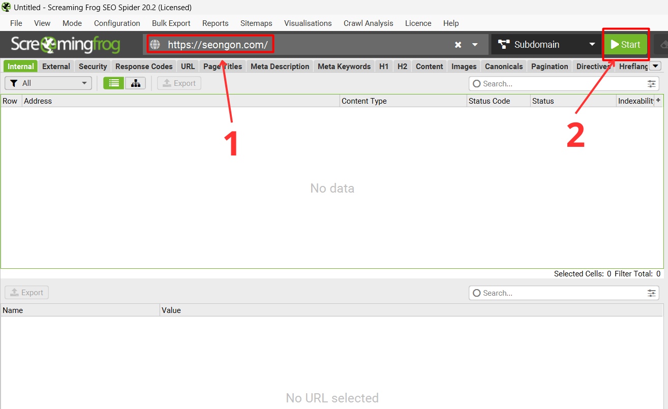 Quá trình quét dữ liệu trên Screaming Frog bắt đầu