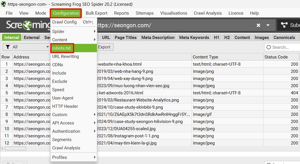 Đầu tiên hãy chọn Configuration sau đó chọn robots.txt.