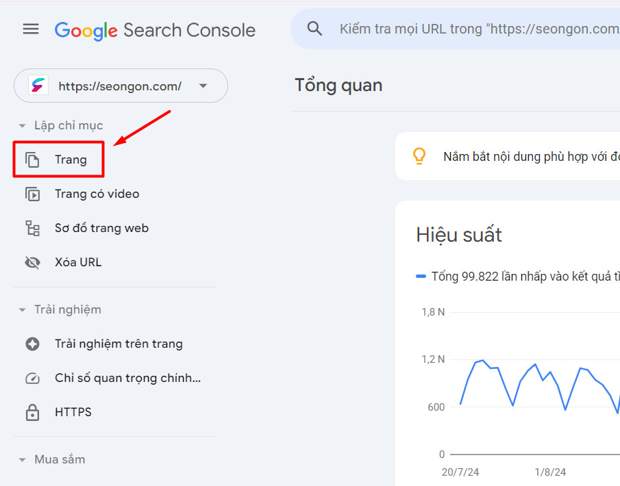 Chọn phần Trang trong Google Search Console