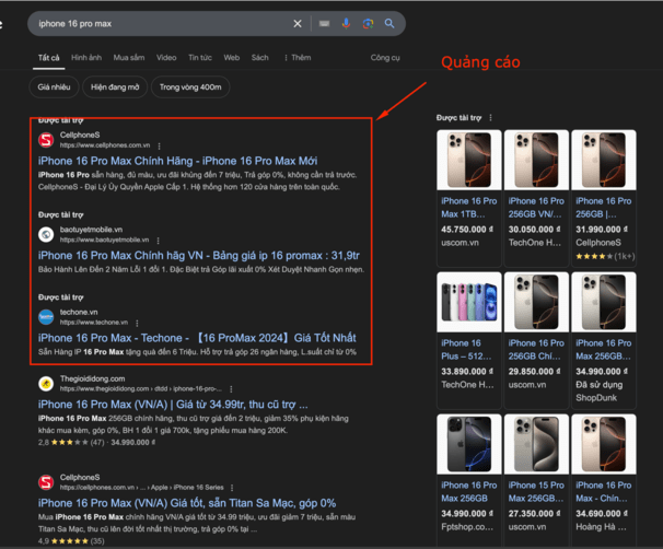 Kết quả tìm kiếm hiển thị nhiều quảng cáo cho từ khóa “iPhone 16 Pro Max”