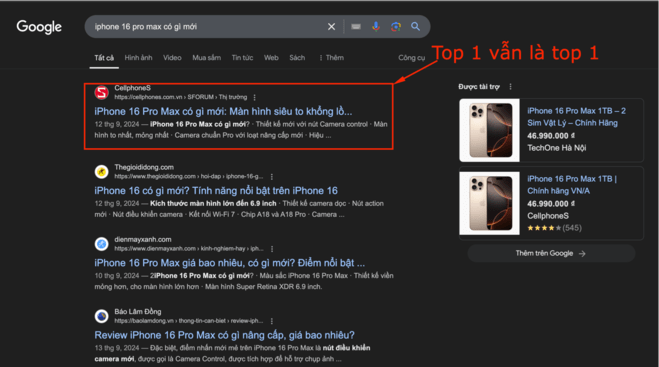 Kết quả hiển thị cho từ khóa “iPhone 16 Pro Max có gì mới" ít hơn, dẫn đến CTR cao hơn