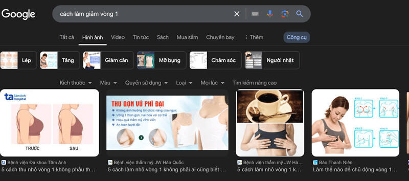 Tìm kiếm LSI Keyword qua Google Image với từ khoá “cách làm giảm vòng 1”