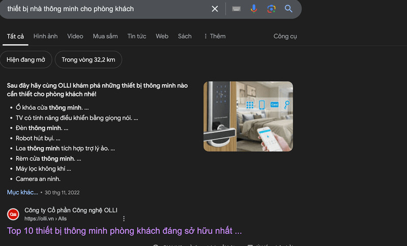 Google hiển thị trang OLLI khi tìm kiếm “thiết bị nhà thông minh cho phòng khách”