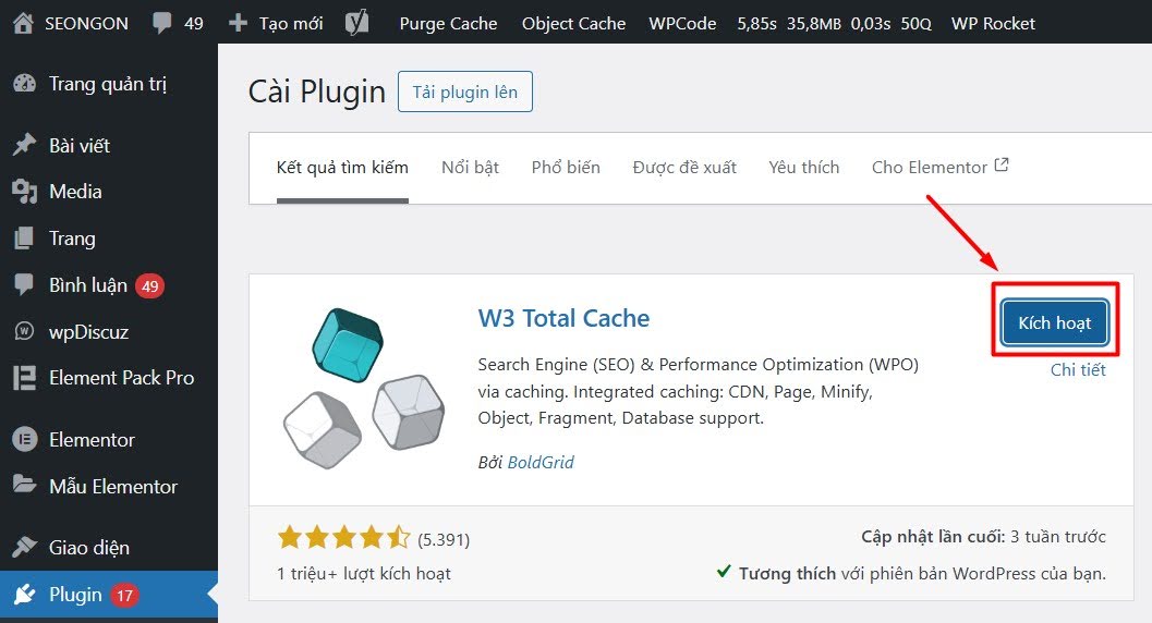 Kích hoạt W3 Total Cache sau khi cài đặt xong