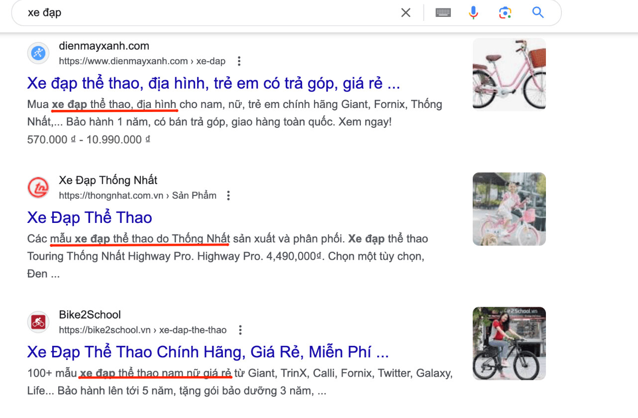 Dựa trên kết quả tìm kiếm Google để lựa chọn Semantic Keyword cho từ khoá “xe đạp”