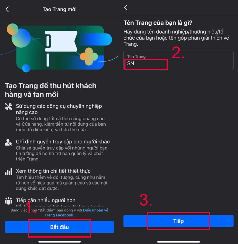 Đặt tên trang và bấm “Tiếp” để hoàn tất thao tác tạo fanpage doanh nghiệp
