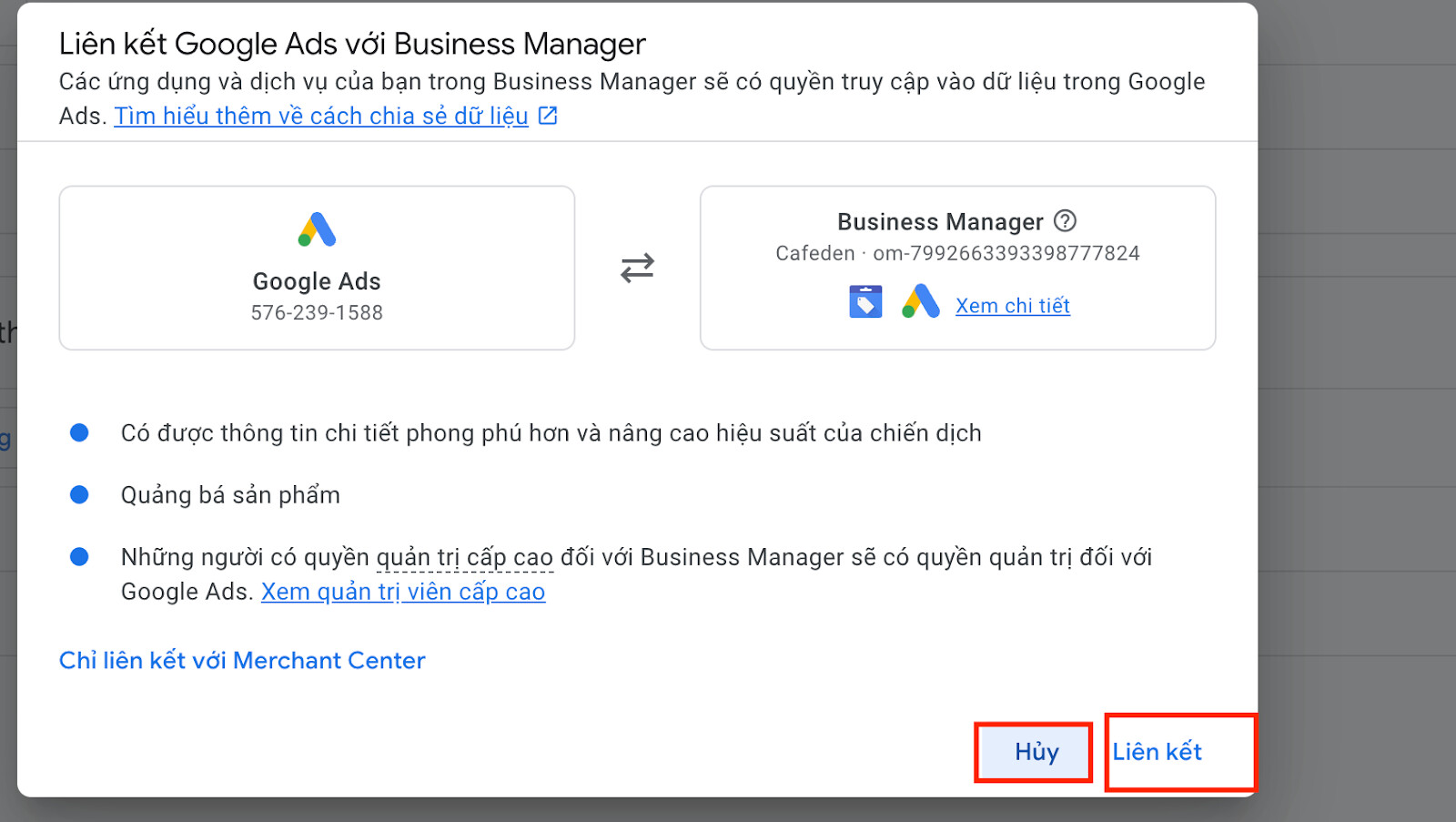 Hoàn tất liên kết tài khoản GMC với Google Ads